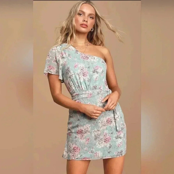 Lulus Way to Wow Dusty Blue Floral One Shoulder Faux-Wrap Dress-Size Large-NWOT - Picture 3 of 9